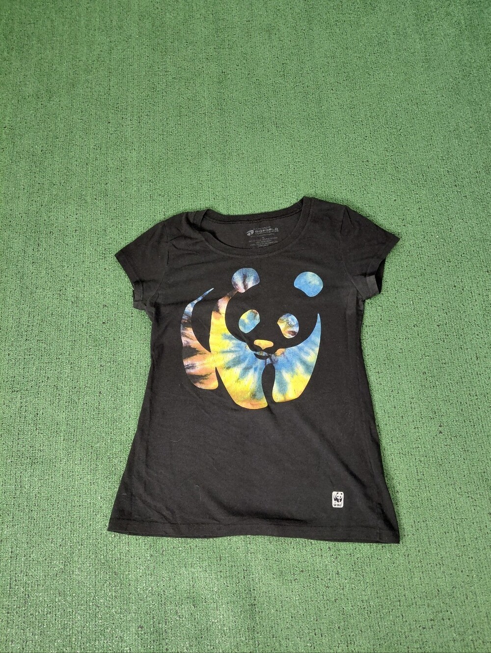Youth Girls World Wildlife Fund (WWF) Panda Logo Tie Dye Fill Black Top Sz XL